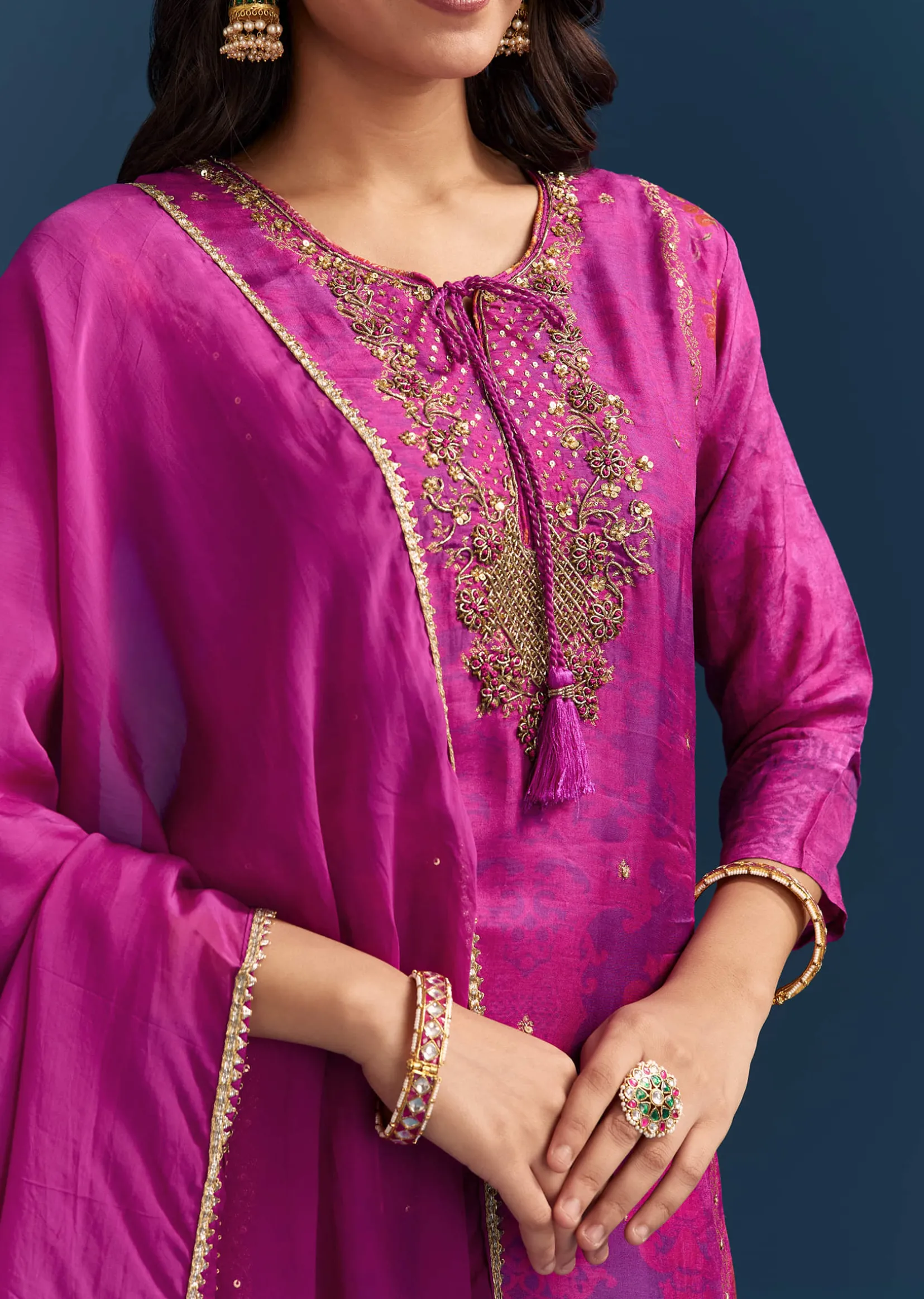 Purple Dola Silk Kurta Set With Floral Print And Embroidered Accents