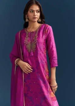 Purple Dola Silk Kurta Set With Floral Print And Embroidered Accents