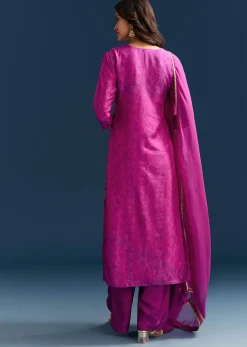 Purple Dola Silk Kurta Set With Floral Print And Embroidered Accents