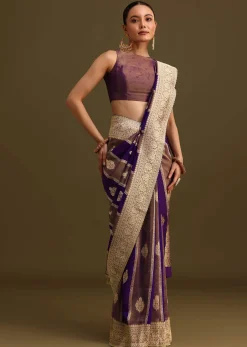 Purple Dual Shaded Khaddi Georgette Saree With Zari Brocade Pallu Border