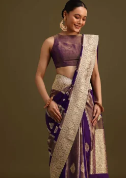 Purple Dual Shaded Khaddi Georgette Saree With Zari Brocade Pallu Border