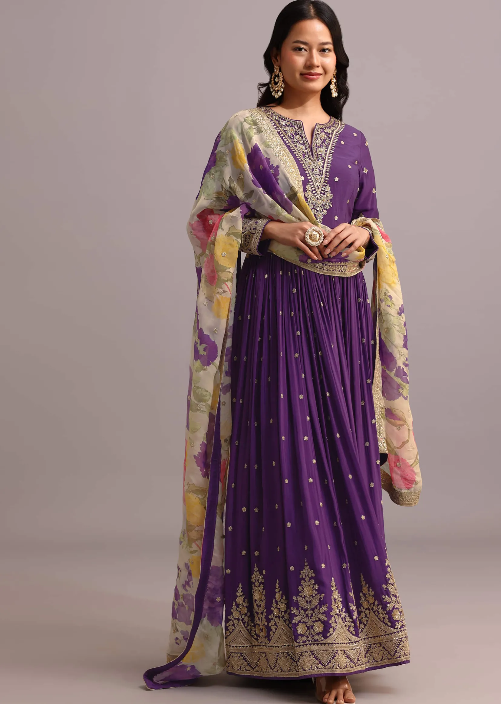 Purple Embroidered Anarkali With Floral Printed Organza Dupatta