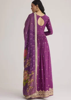 Purple Embroidered Anarkali Suit With Floral Dupatta