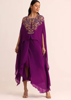 Purple Embroidered Chiffon Skirt And Cape