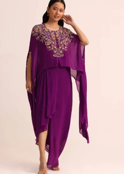 Purple Embroidered Chiffon Skirt And Cape