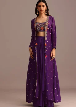 Purple Embroidered Croptop With Drape Skirt And Tussar Jacket