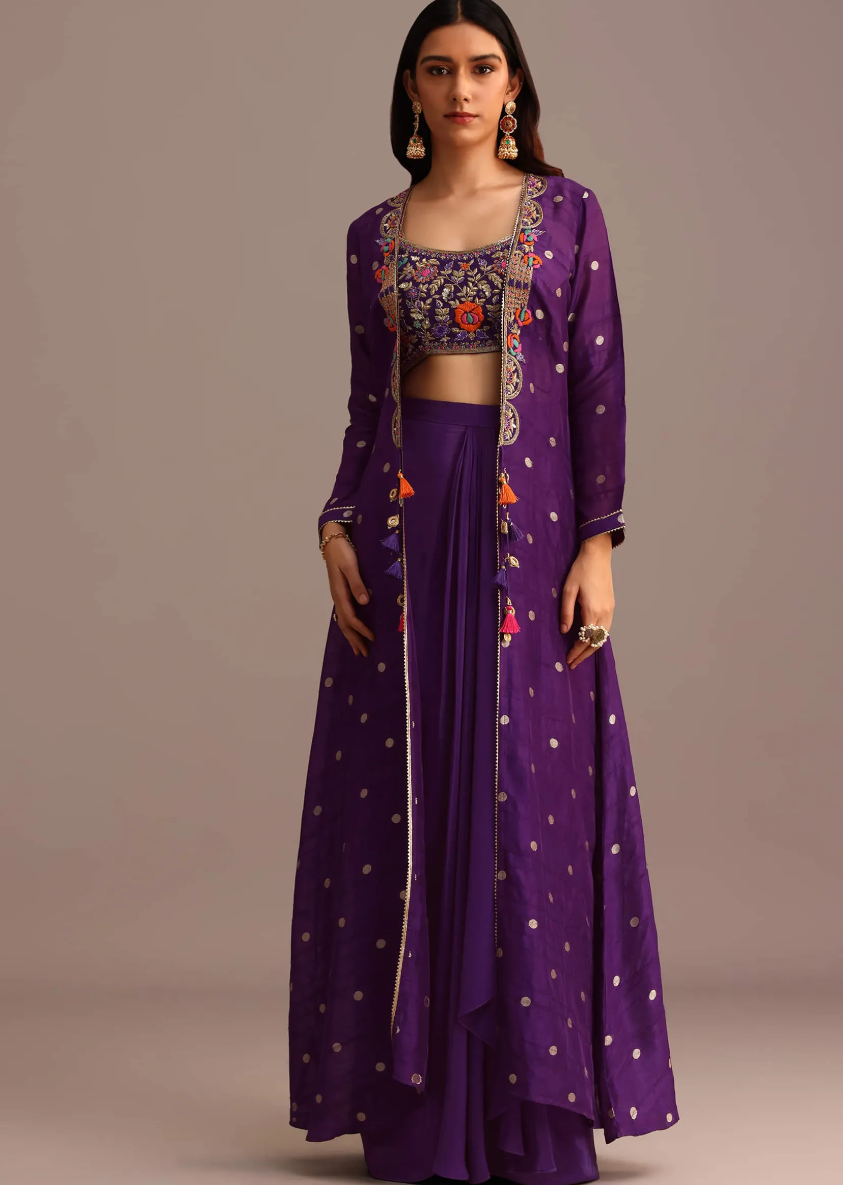 Purple Embroidered Croptop With Drape Skirt And Tussar Jacket