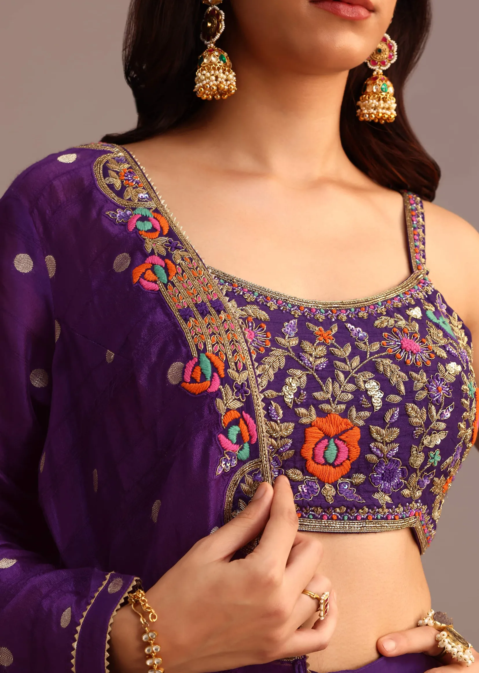 Purple Embroidered Croptop With Drape Skirt And Tussar Jacket