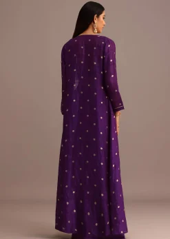 Purple Embroidered Croptop With Drape Skirt And Tussar Jacket