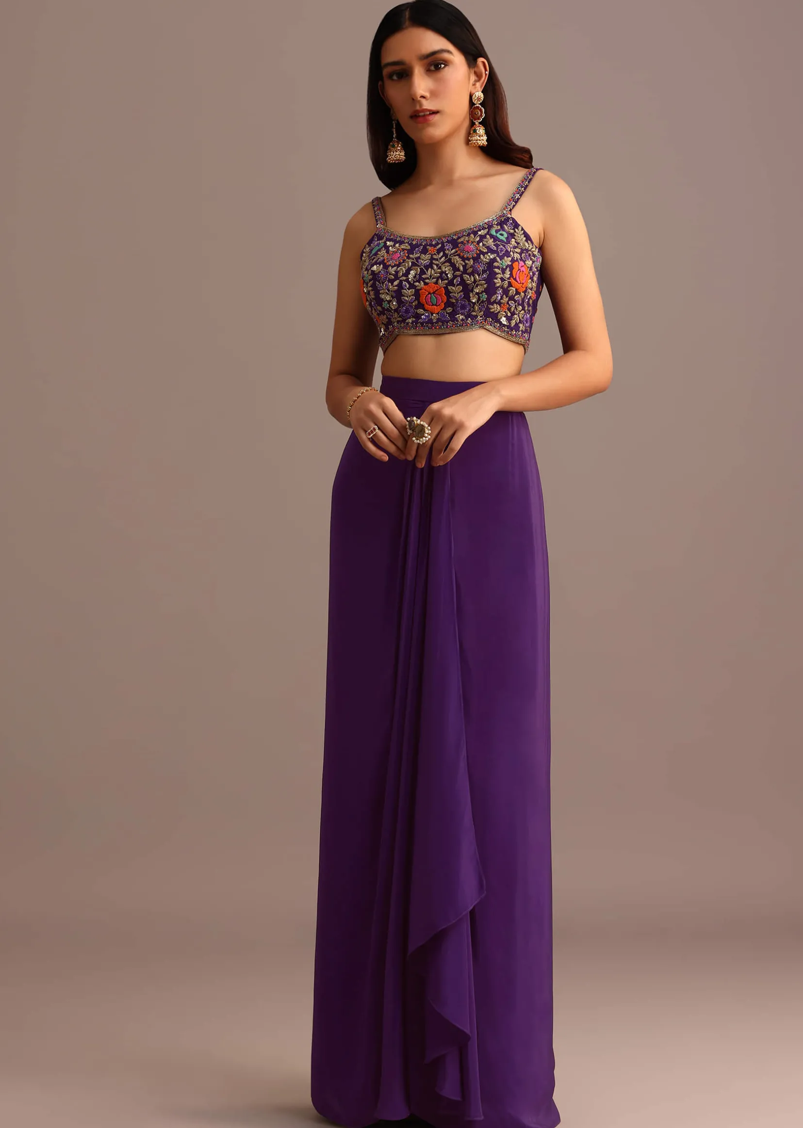 Purple Embroidered Croptop With Drape Skirt And Tussar Jacket