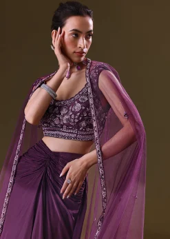 Purple Embroidered Drape Skirt With Embroidered Net Cape