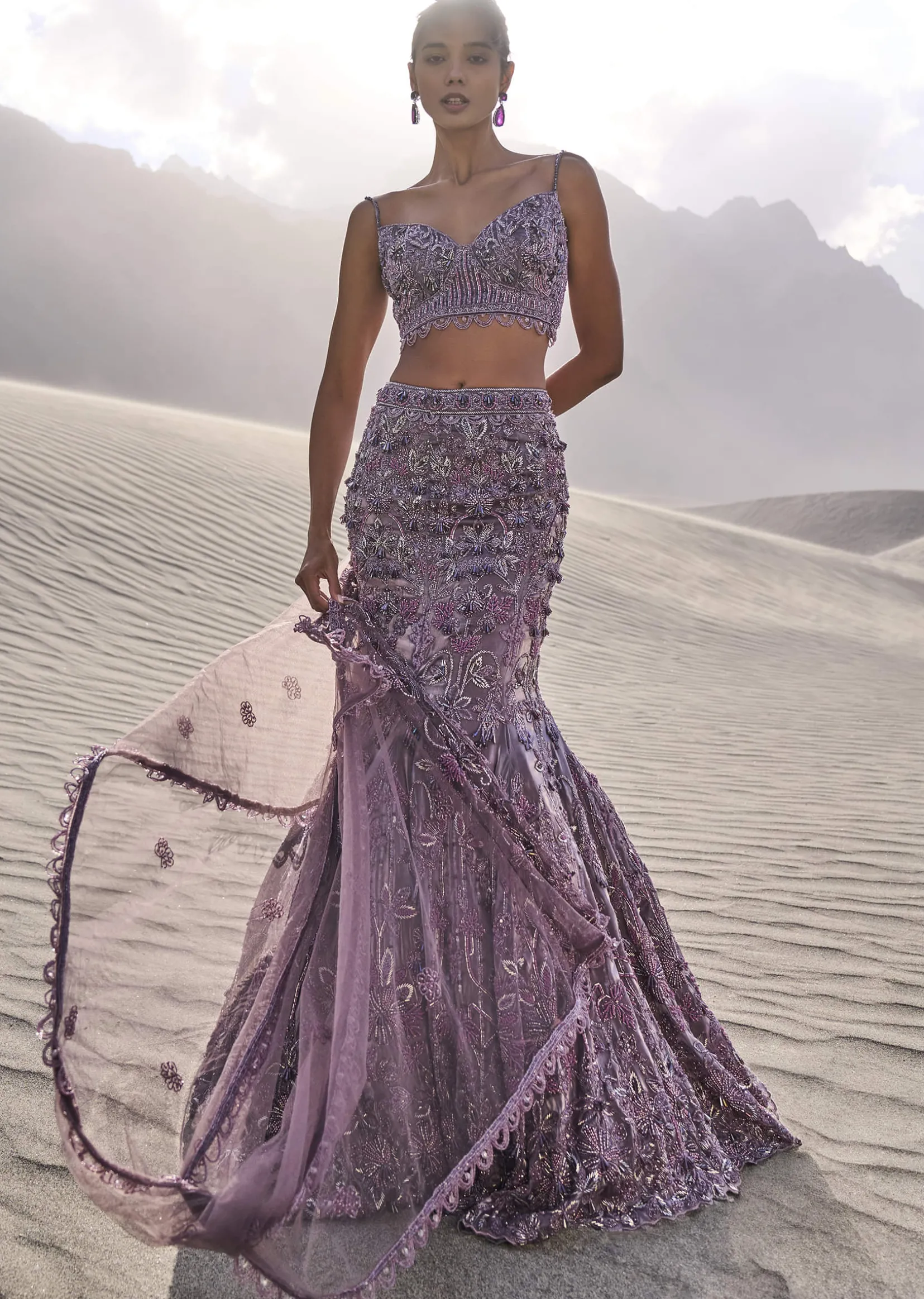Purple Embroidered Fancy Organza Fishcut Lehenga With Blouse And Dupatta