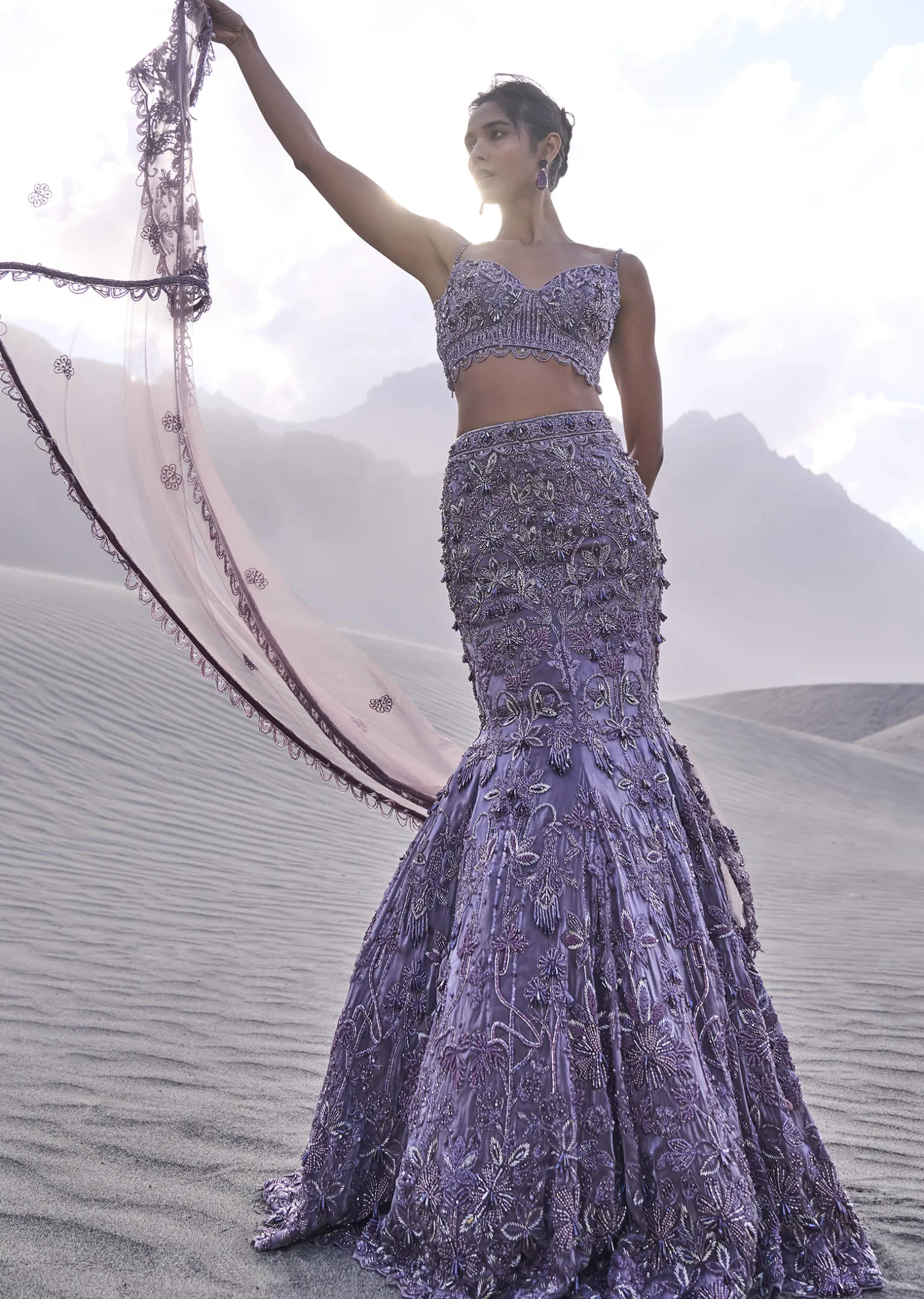 Purple Embroidered Fancy Organza Fishcut Lehenga With Blouse And Dupatta