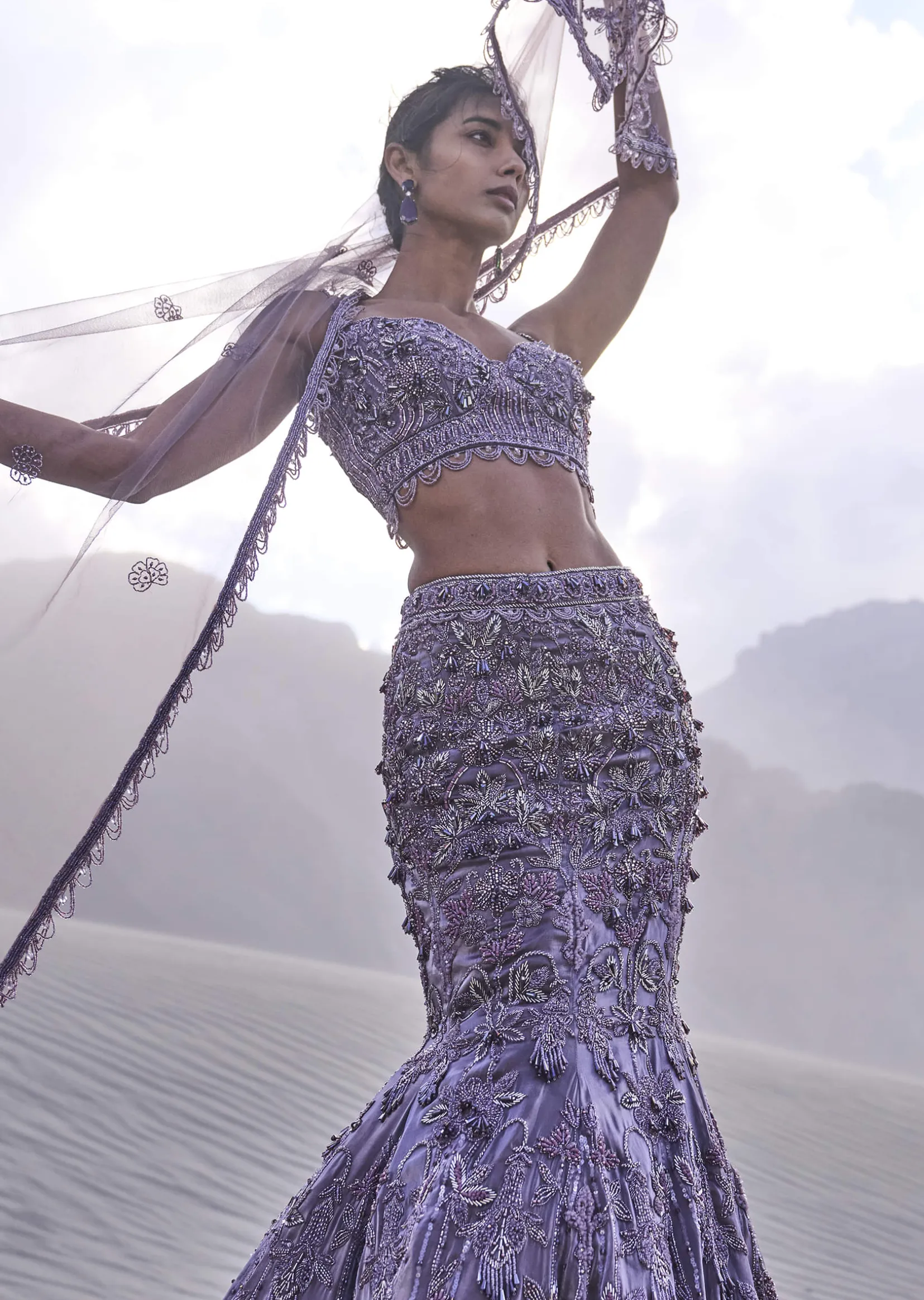 Purple Embroidered Fancy Organza Fishcut Lehenga With Blouse And Dupatta