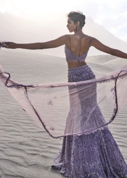 Purple Embroidered Fancy Organza Fishcut Lehenga With Blouse And Dupatta