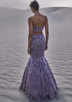 Purple Embroidered Fancy Organza Fishcut Lehenga With Blouse And Dupatta