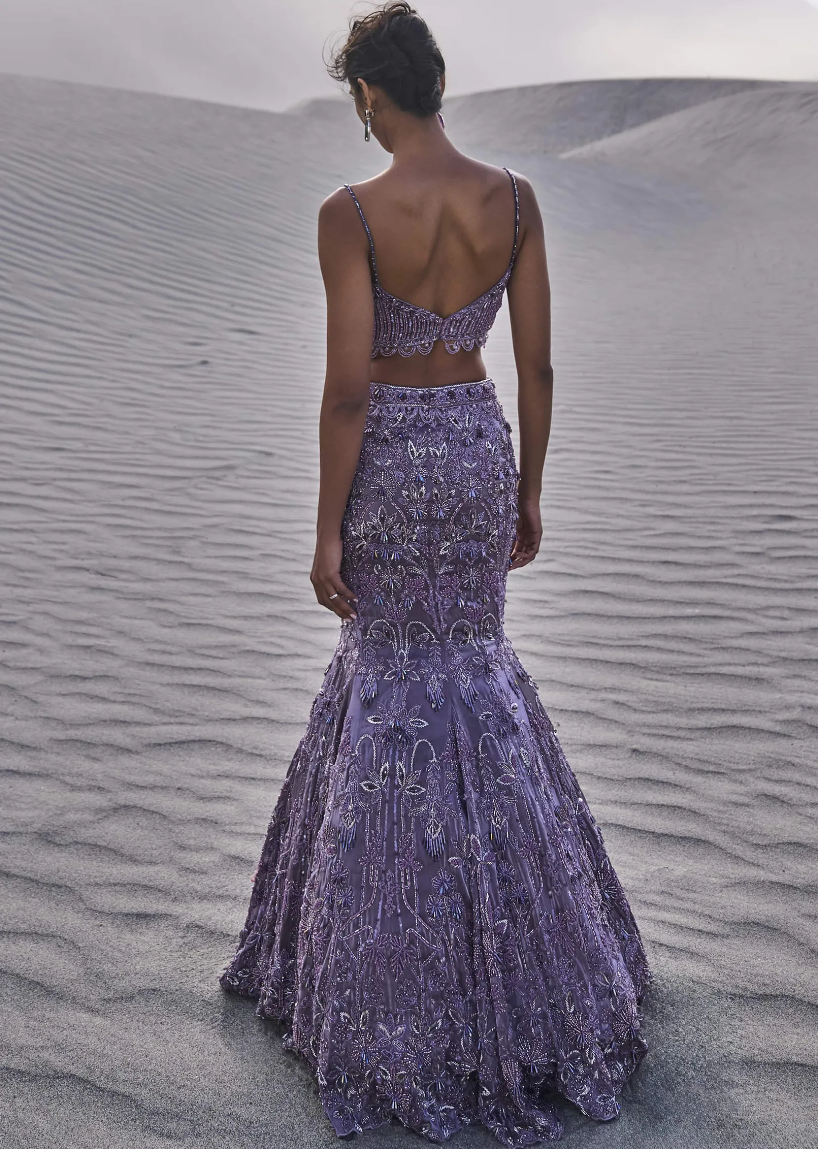 Purple Embroidered Fancy Organza Fishcut Lehenga With Blouse And Dupatta