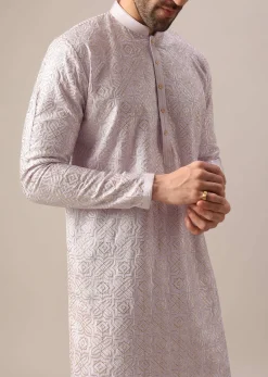 Purple Embroidered Kurta And Churidar In Silk