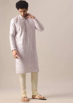 Purple Embroidered Kurta And Churidar In Silk