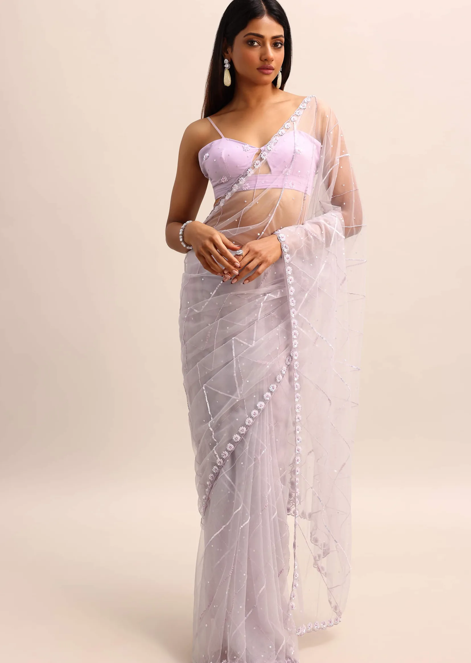 Purple Embroidered Net Saree With Unstitched Blouse