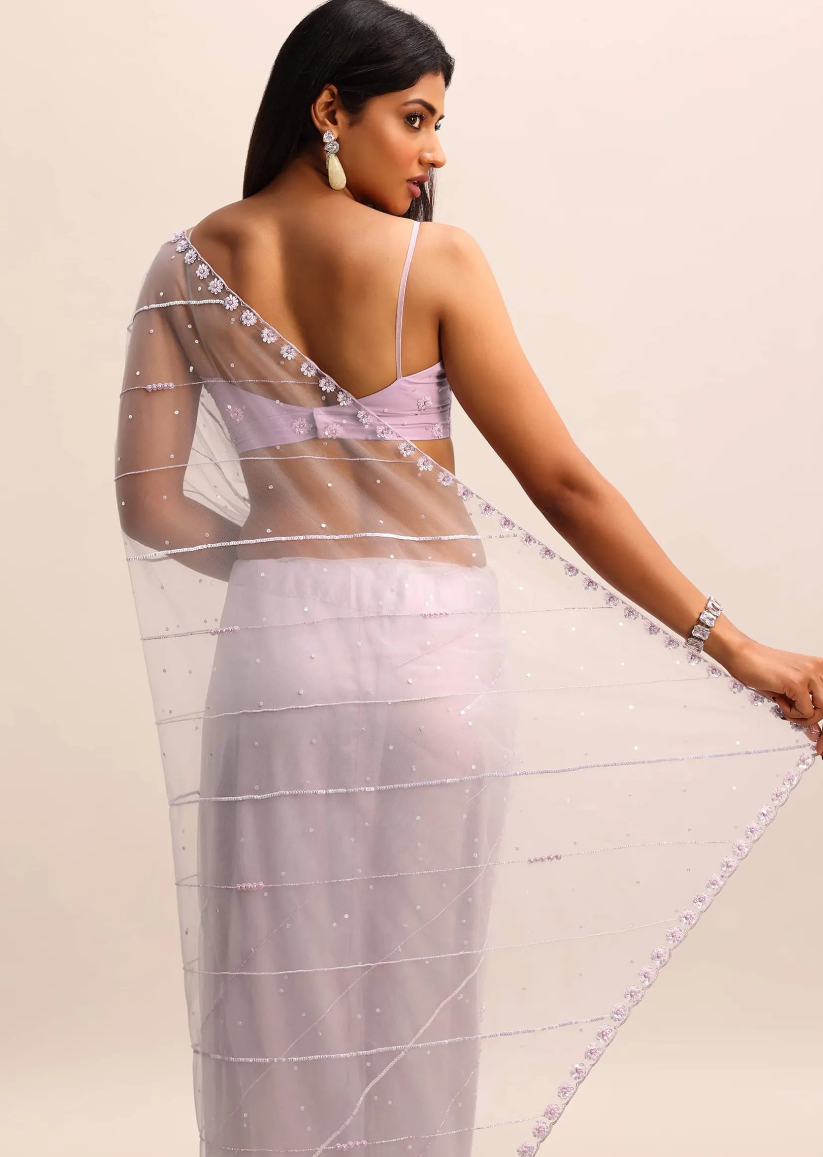 Purple Embroidered Net Saree With Unstitched Blouse