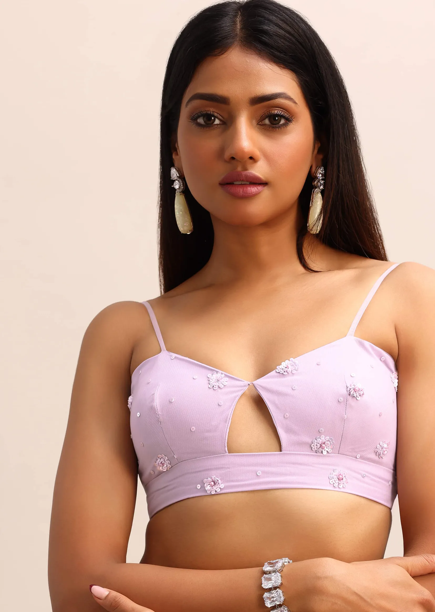 Purple Embroidered Net Saree With Unstitched Blouse