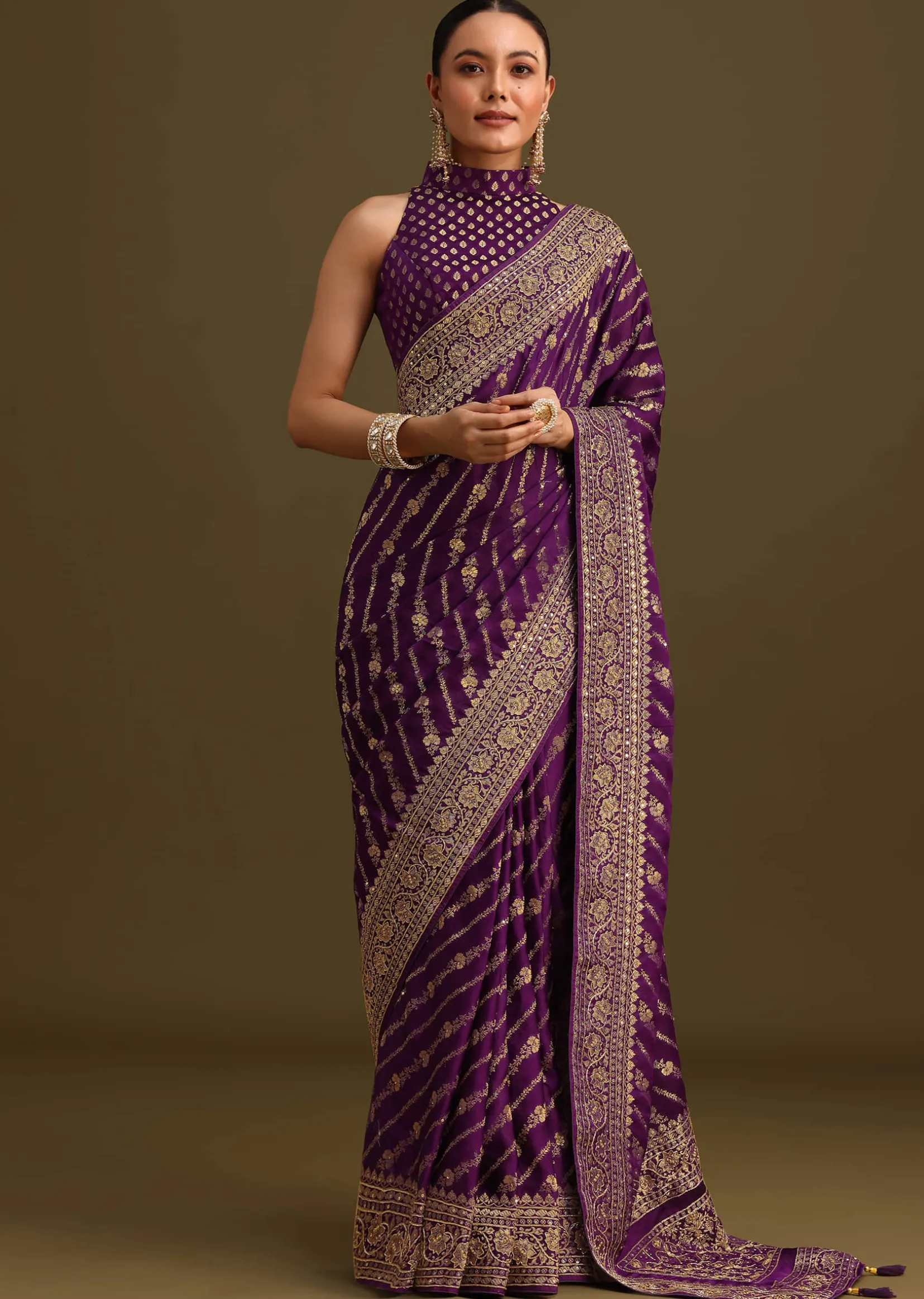 Purple Embroidered Saree With Zardosi And Cutdana Work