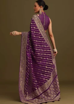 Purple Embroidered Saree With Zardosi And Cutdana Work