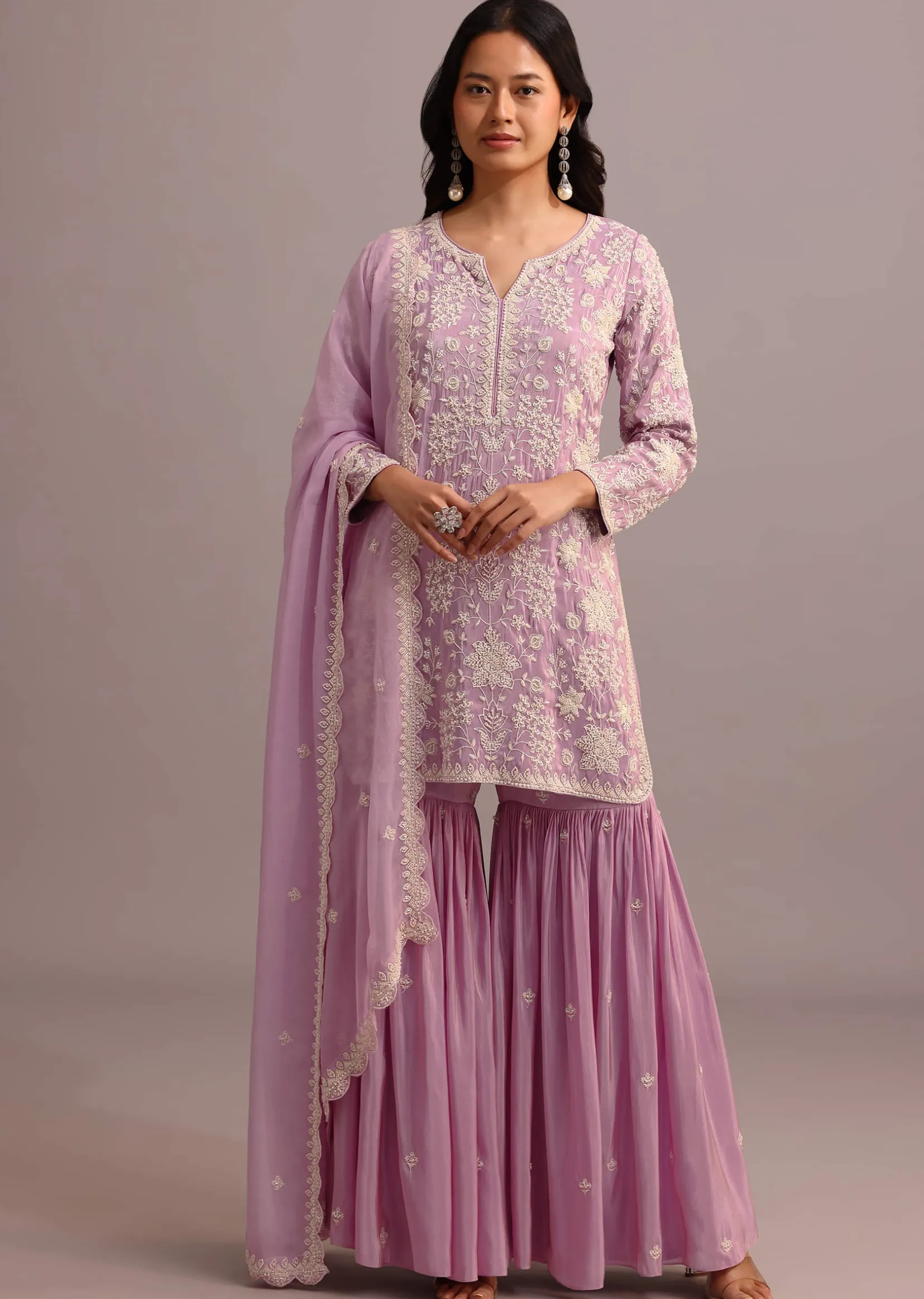 Purple Embroidered Sharara Set With Butti Work On Organza Dupatta