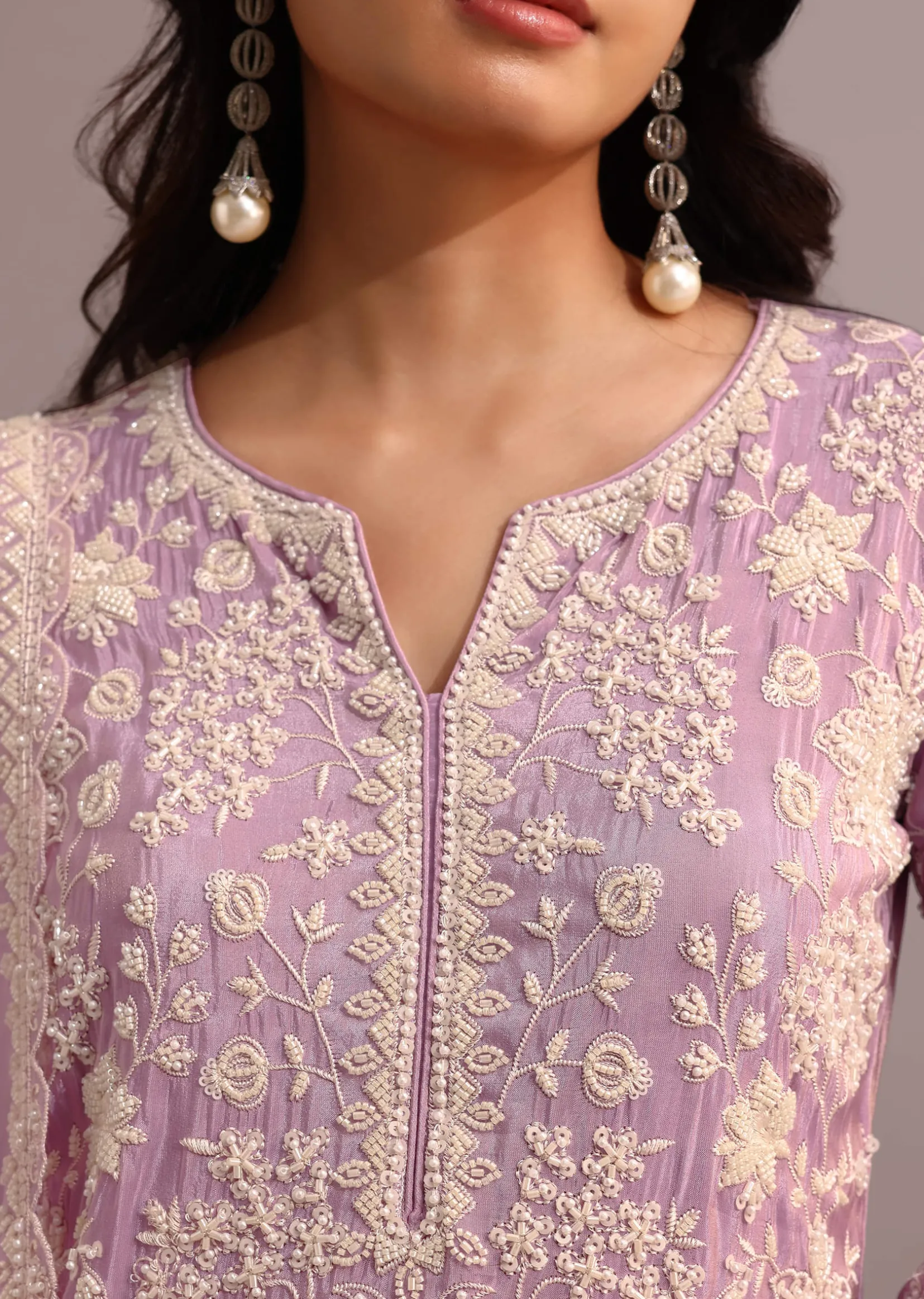Purple Embroidered Sharara Set With Butti Work On Organza Dupatta