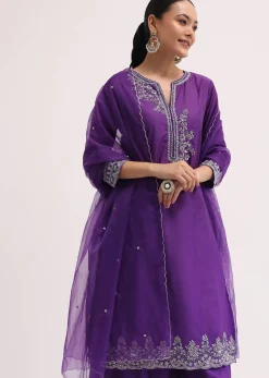 Purple Embroidered Silk Kurta Palazzo Set