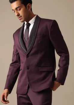 Purple Embroidered Tuxedo Set With Blazer And Pant Set In Terry Rayon