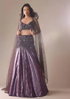 Purple Fish Cut Skirt And Blouse With Heavy Hand Embroidery
