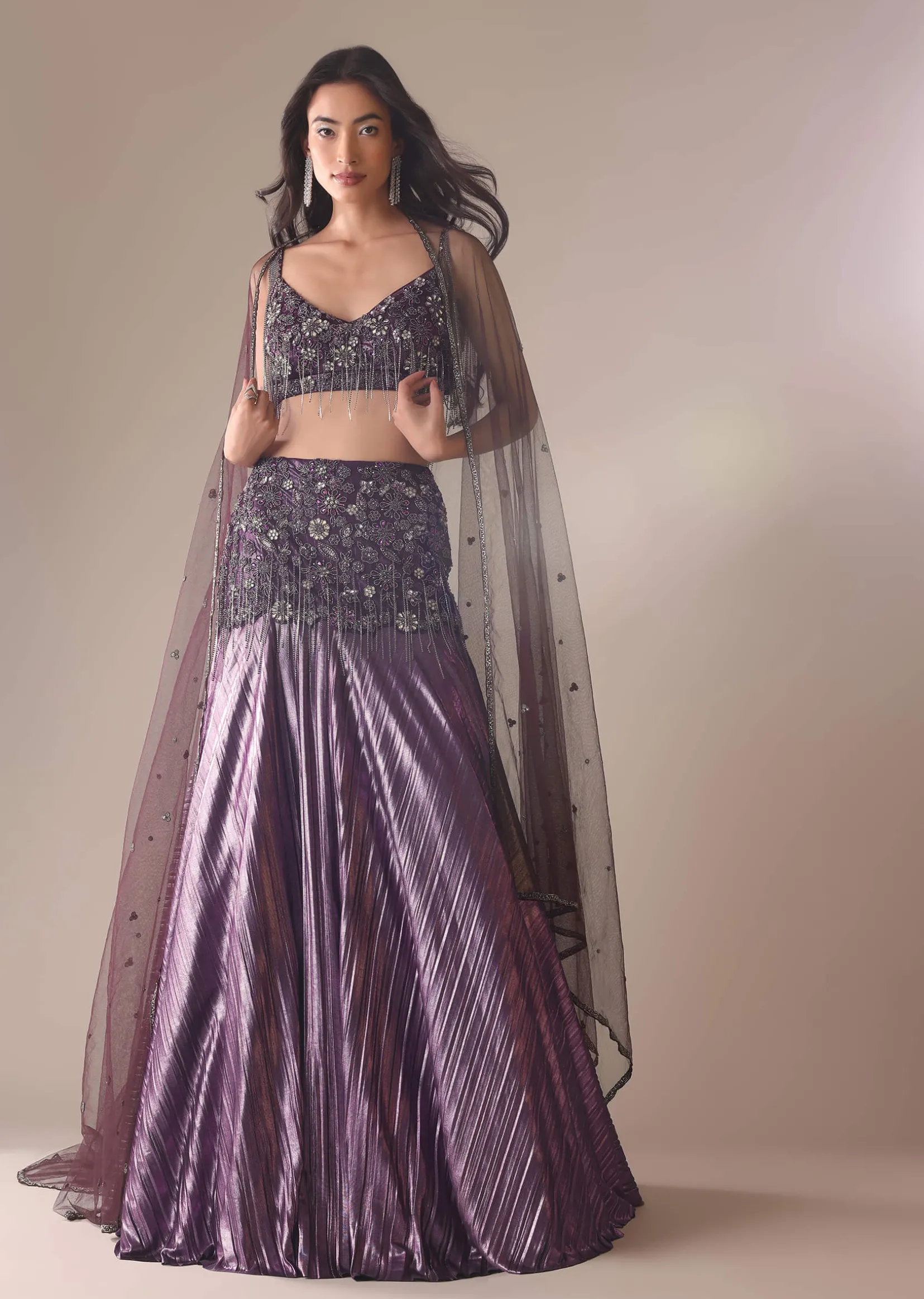 Purple Fish Cut Skirt And Blouse With Heavy Hand Embroidery