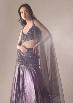 Purple Fish Cut Skirt And Blouse With Heavy Hand Embroidery