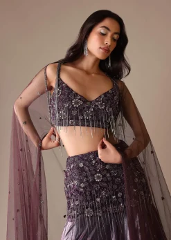 Purple Fish Cut Skirt And Blouse With Heavy Hand Embroidery