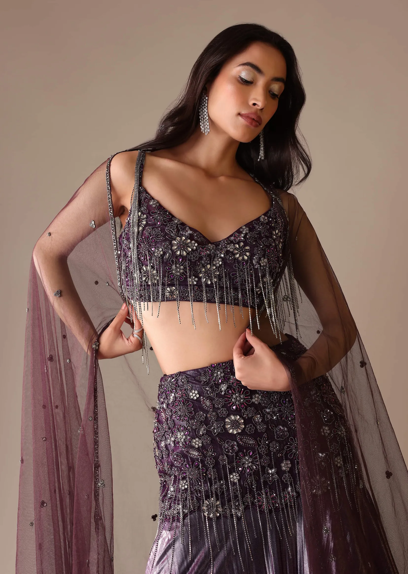 Purple Fish Cut Skirt And Blouse With Heavy Hand Embroidery