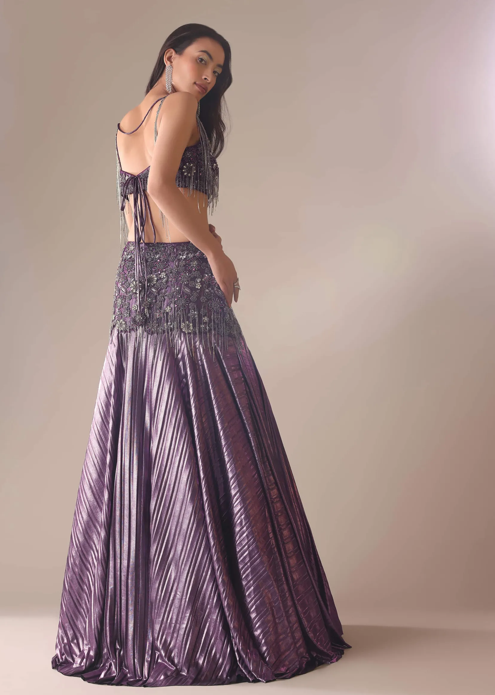Purple Fish Cut Skirt And Blouse With Heavy Hand Embroidery