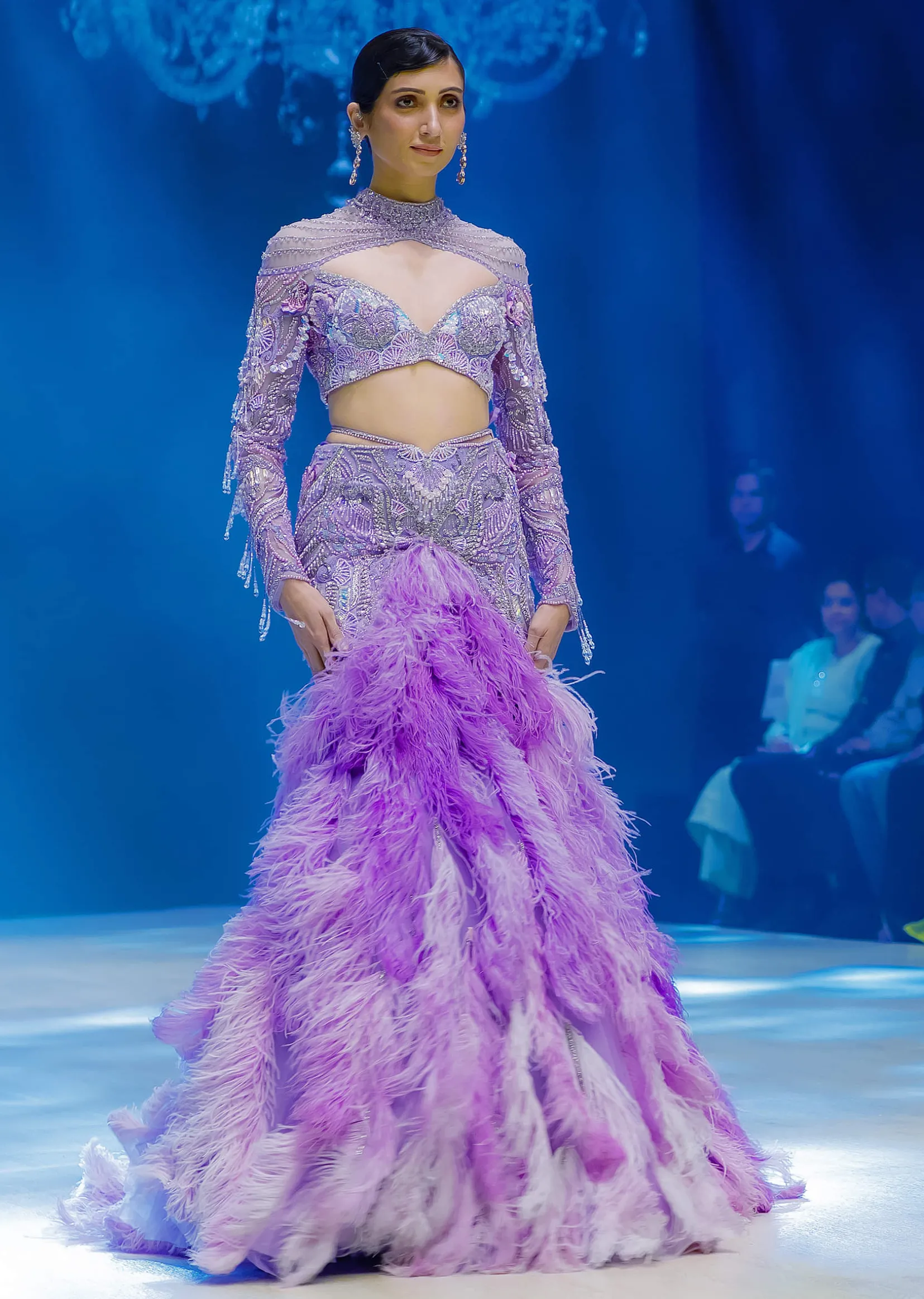Purple Fish Cut Trail Skirt Lehenga Set with 3D Crystal And Feather Detailing