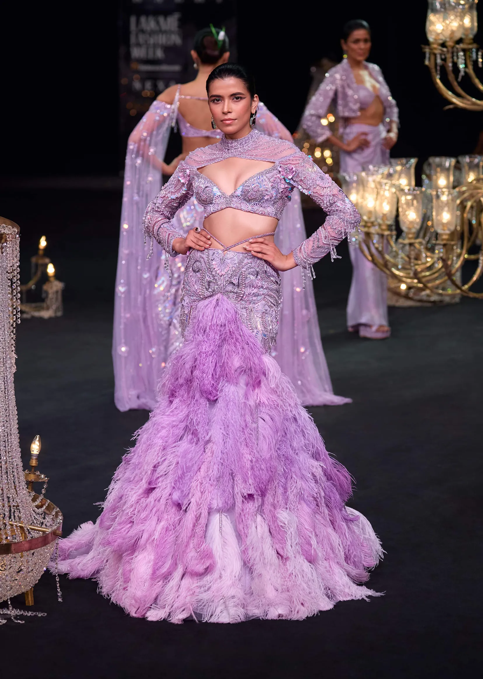 Purple Fish Cut Trail Skirt Lehenga Set with 3D Crystal And Feather Detailing