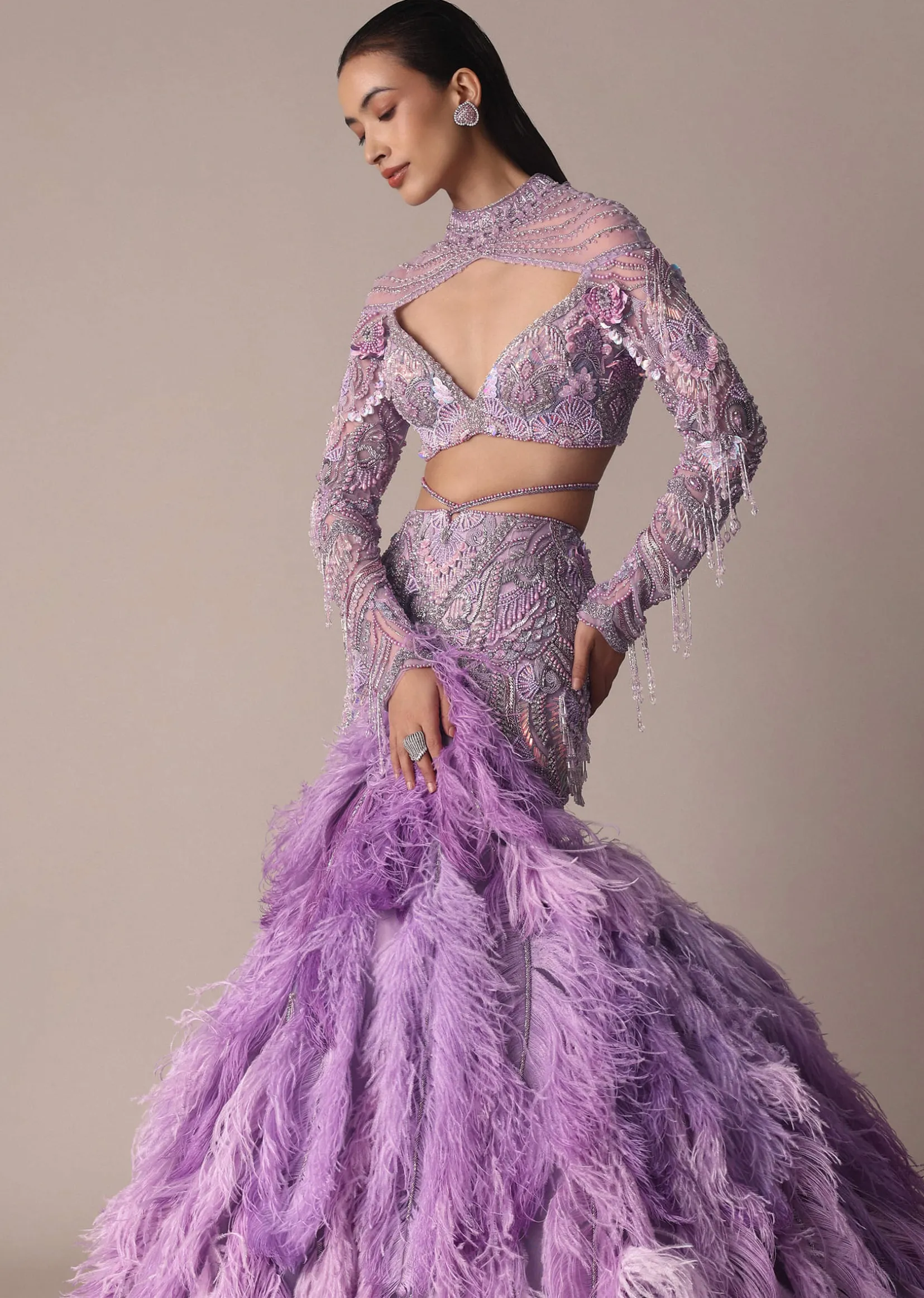 Purple Fish Cut Trail Skirt Lehenga Set with 3D Crystal And Feather Detailing