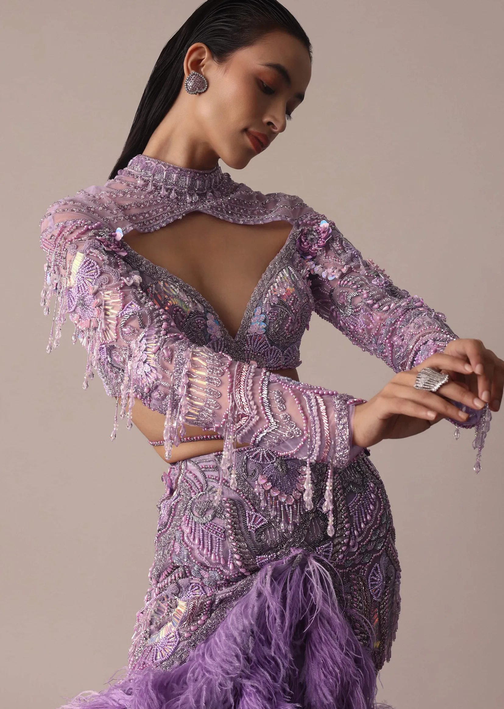 Purple Fish Cut Trail Skirt Lehenga Set with 3D Crystal And Feather Detailing