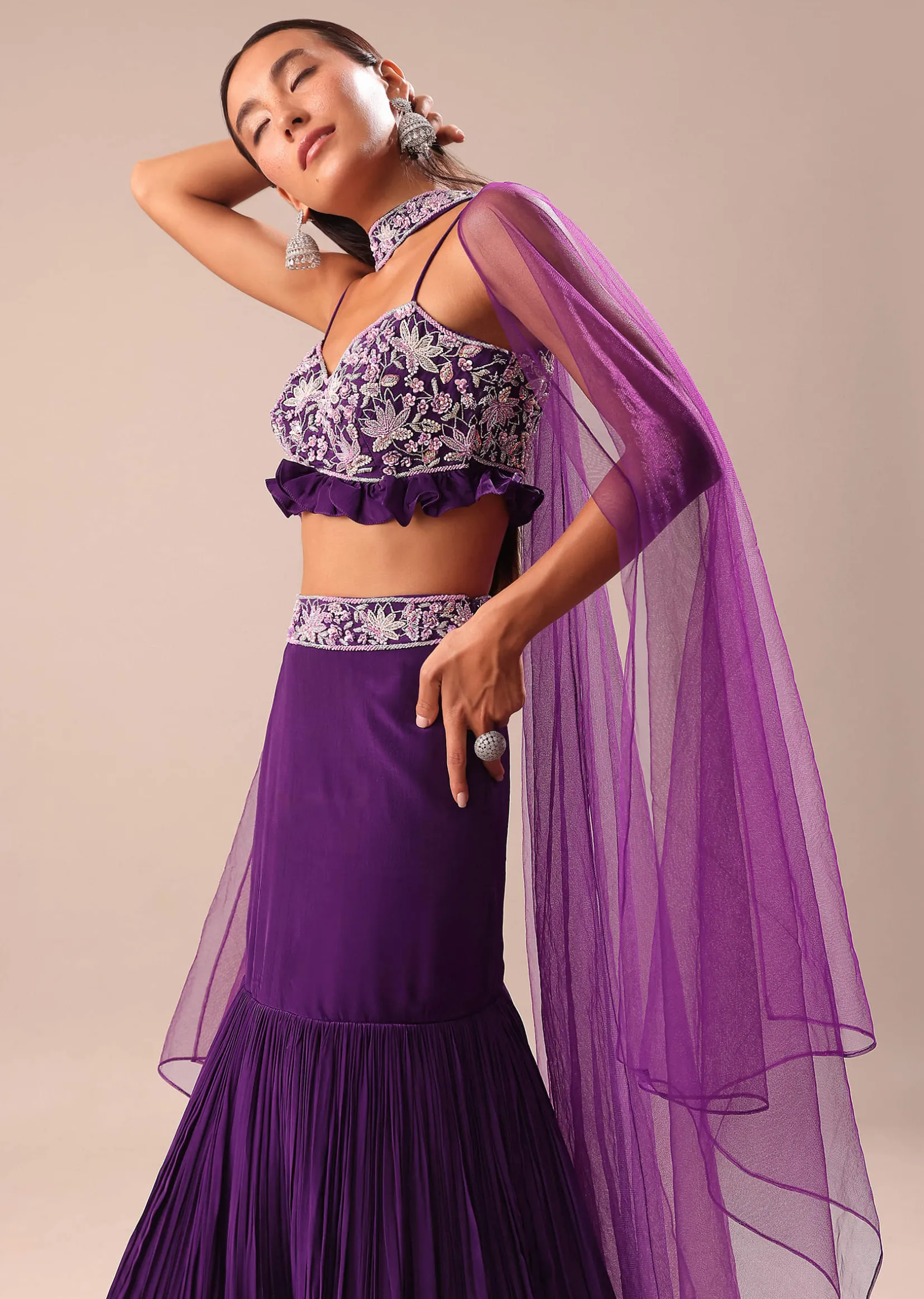 Purple Fishcut Skirt With Embroidered Blouse And Dupatta