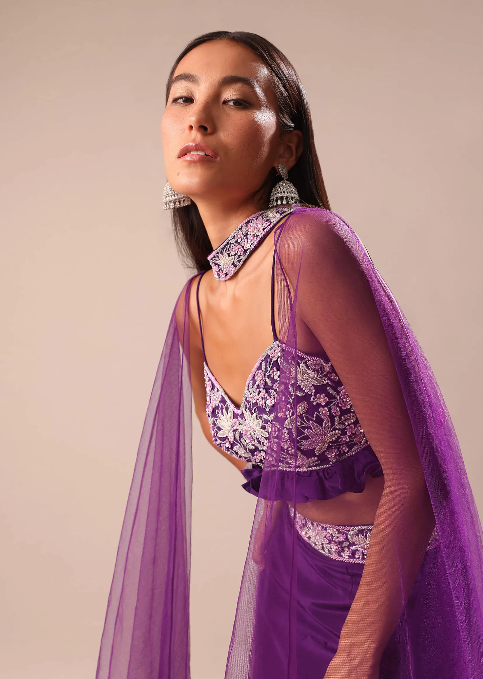 Purple Fishcut Skirt With Embroidered Blouse And Dupatta
