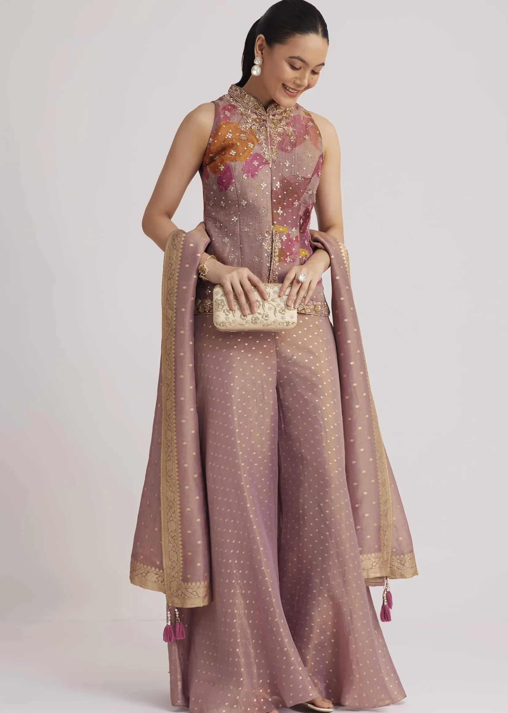 Purple Floral Embroidered Palazzo Set
