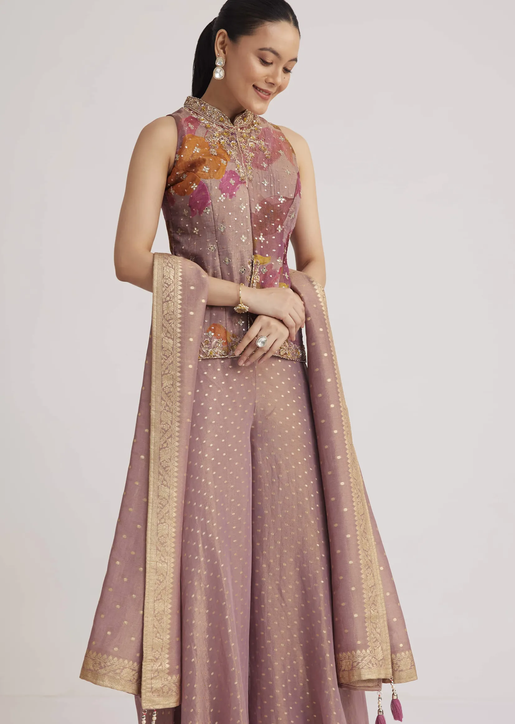 Purple Floral Embroidered Palazzo Set