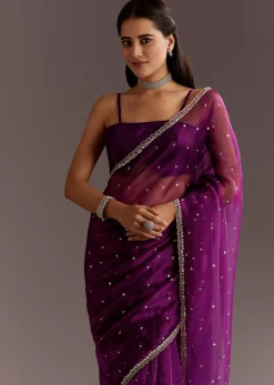 Purple Glass Tissue Saree With Cutdana And Sequins Scallop Border