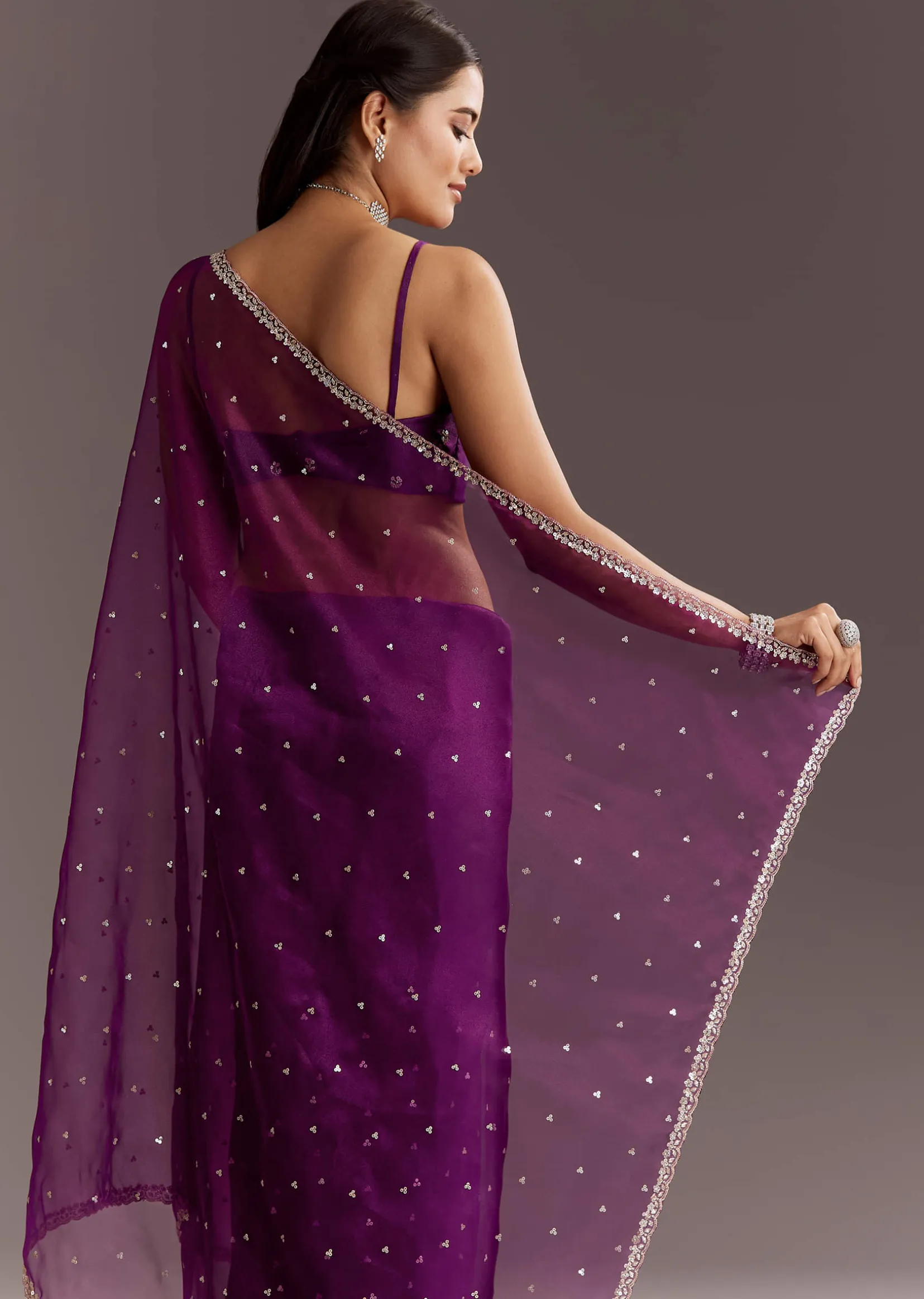 Purple Glass Tissue Saree With Cutdana And Sequins Scallop Border