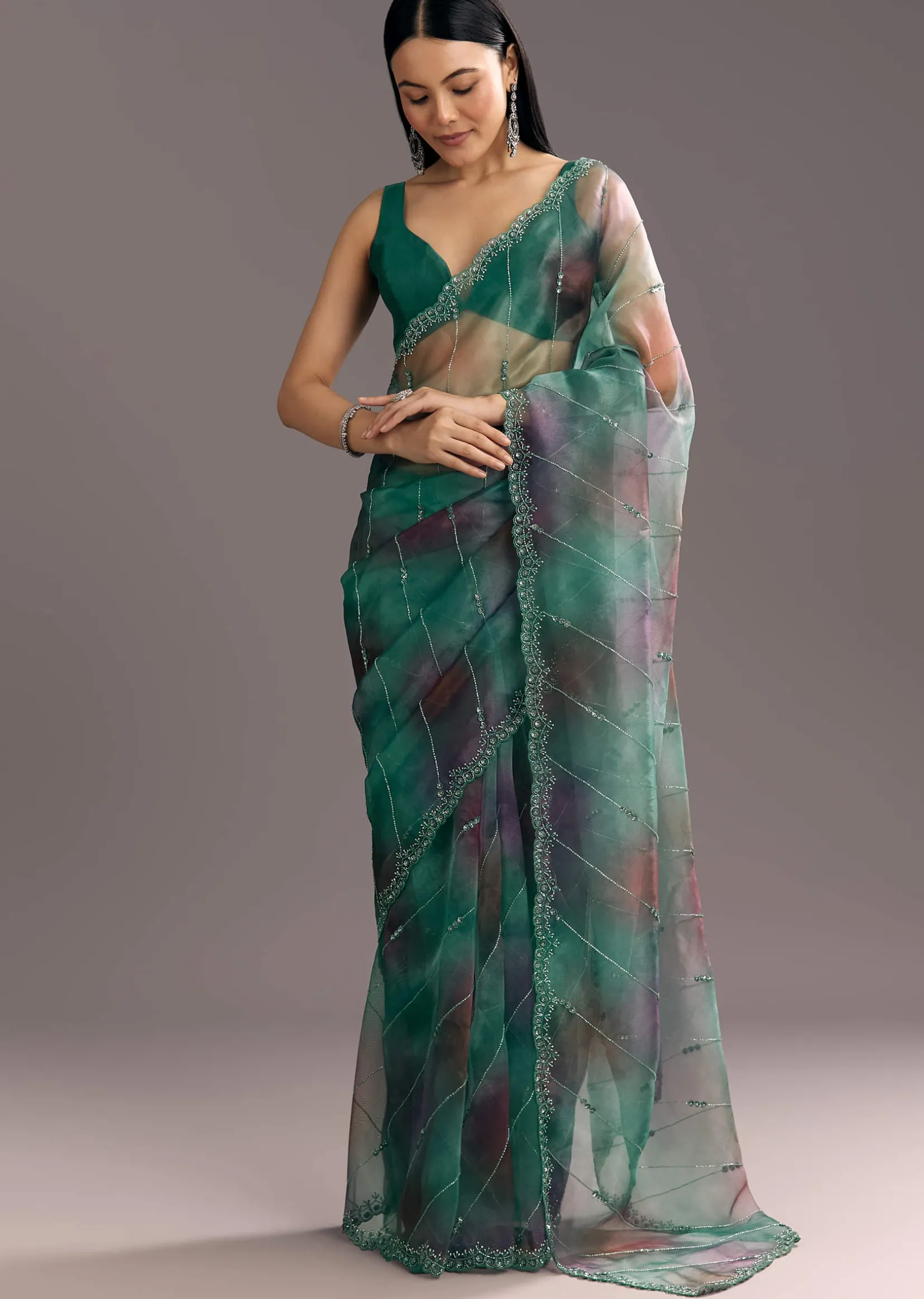 Purple Green Shaded Organza Saree With Cutdana Sequin Embroidery