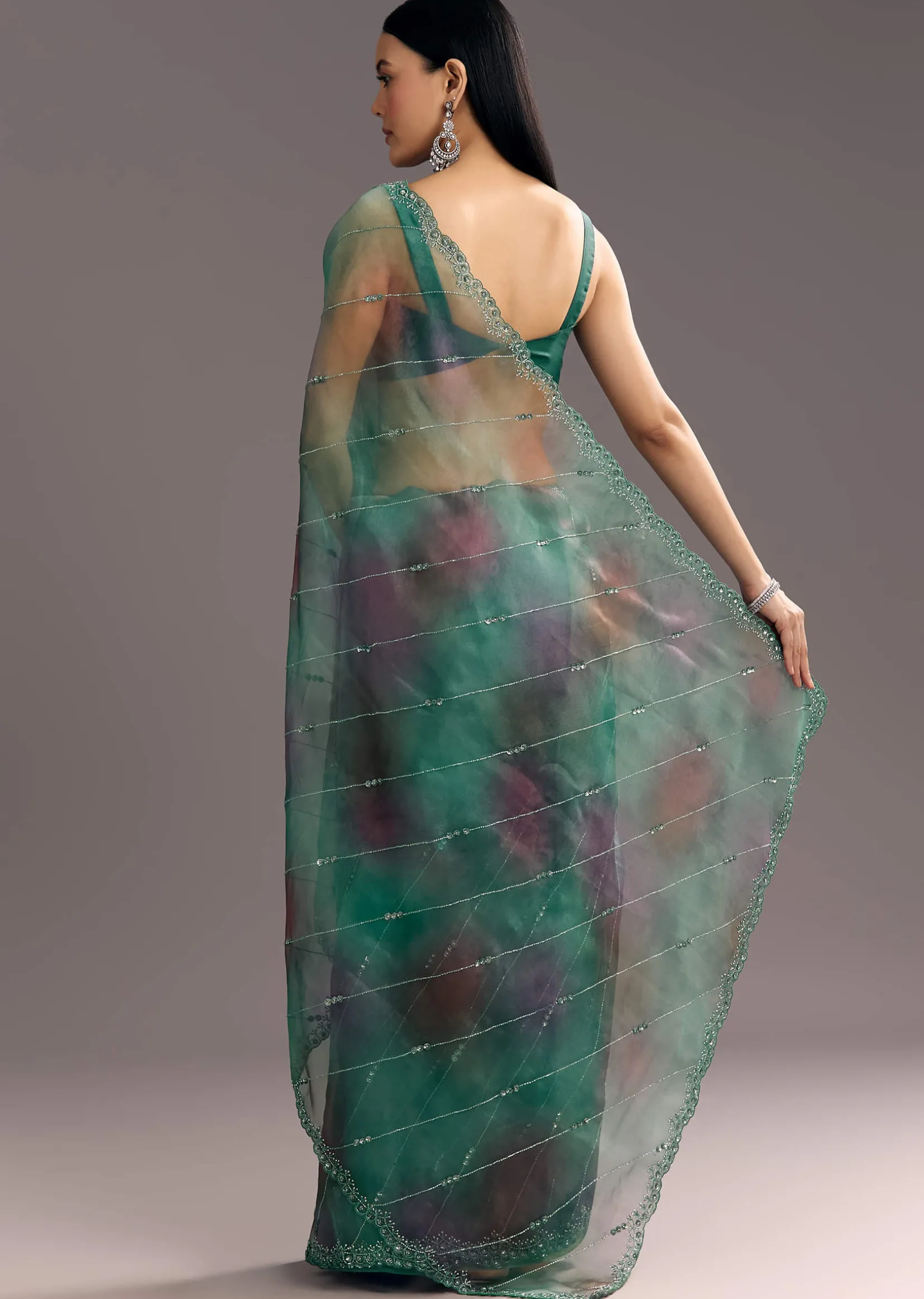 Purple Green Shaded Organza Saree With Cutdana Sequin Embroidery